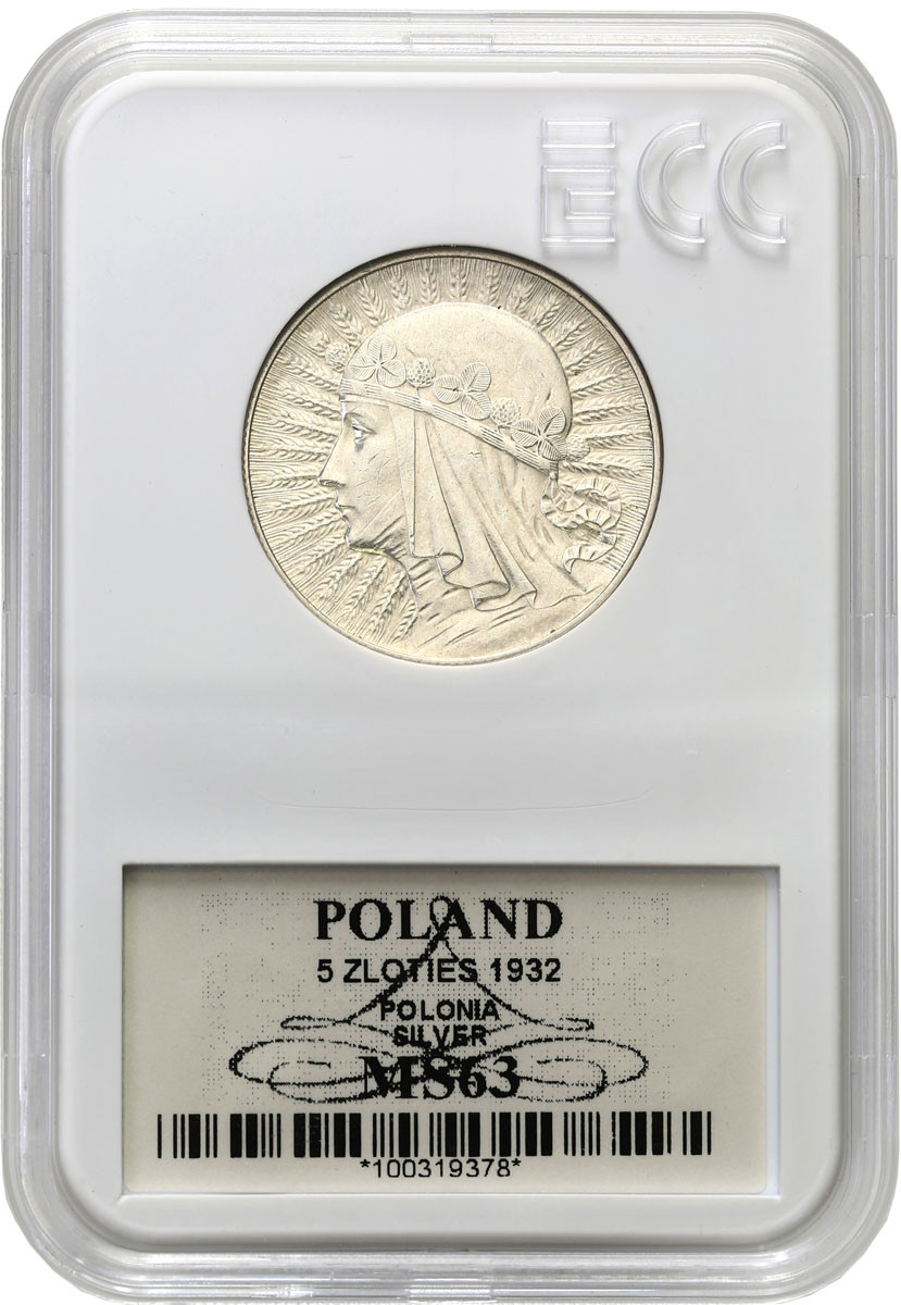 II. RP. 5 złotych 1932 głowa kobiety ZE ZNAKIEM MENNICY GCN MS63 - RZADKIE